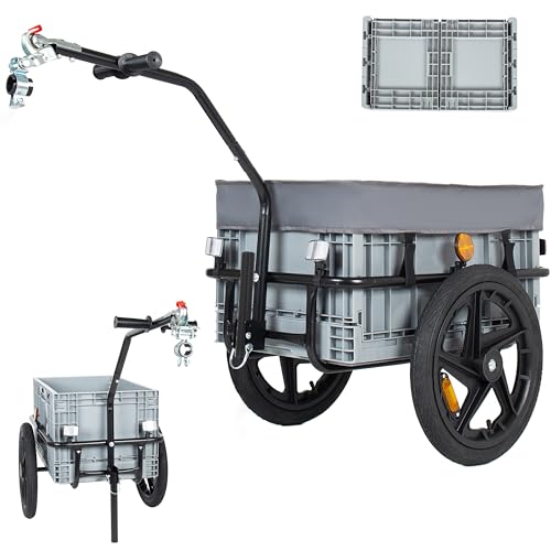 Trailer With Removable Box And Waterproof Cover, Steel Frame Pushcart With Tow Hitch And Removable Handlebar (black+ Gray)