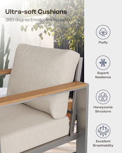 Oasbira Aluminum Outdoor Patio Furniture Set with Coffee Table, 4 Piece Patio Conversation Sets with Washable Thick Cushions, Outdoor Sectional Furniture Set for Porch, Balcony, Deck, Silver