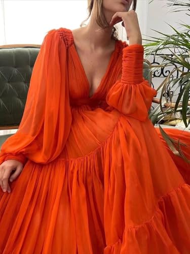 Women’s Deep V Neck Formal Evening Gowns Long Puffy Sleeve Prom Dress Tulle Maxi Wedding Guest Dress 20253