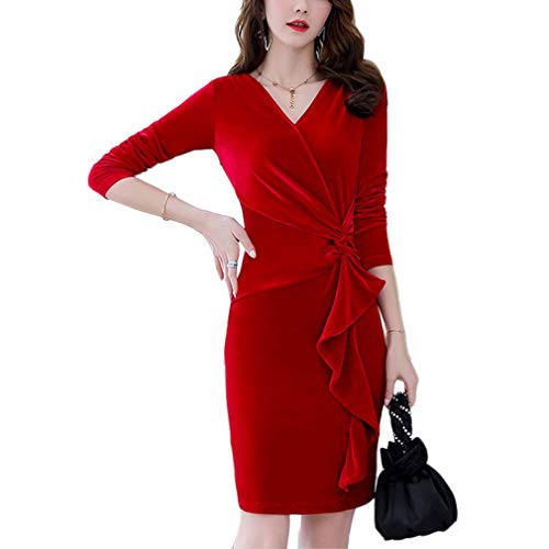 [ Big laugh (ビッグラフ) ] ベロア ミニ ワンピース チュニック フリル 長袖 タイト Vネック セクシー ひと パーティー ポーチ フォーマル 人気 花柄 タイト ワンピース コート ストライプ ワンピーススカート ナチュラル スリップドレス テールスカート 7分袖 チャンピオン 結婚式 リゾート 膝下 七分袖 ひざたけ セクシー きれい レディース (レッド, M)