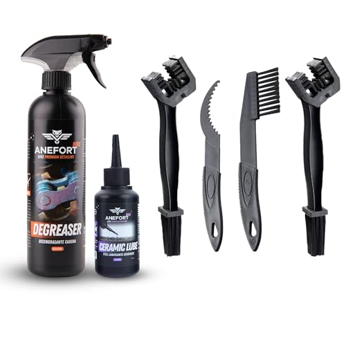 ANEFORT BIKE - Kit desengrasante cadena bicicleta - 6 en 1 Kit de Limpieza Bicicleta - Spray Limpiador Cadena Bicicleta 500 ml - Lubricante Ceramico 125 ml - Cepillos Limpieza Cadena