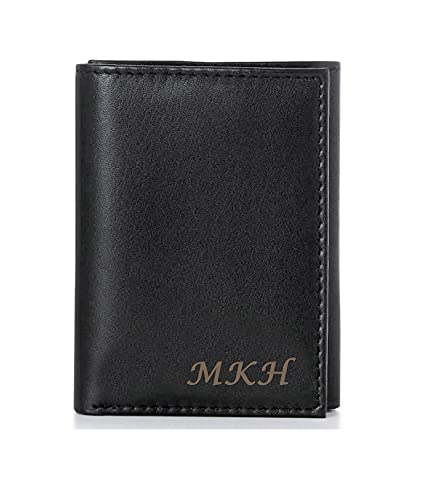 Personalized Black Leather Tri-fold Wallet Engraved Free - Ships from USA 16004