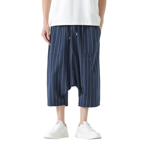 Duohropke Pantalones capri para hombre de lino, pantalones de chándal vintage, pantalones harén a rayas, pantalones de ocio, transpirables, pantalones de entrenamiento, adolescentes, monopatín