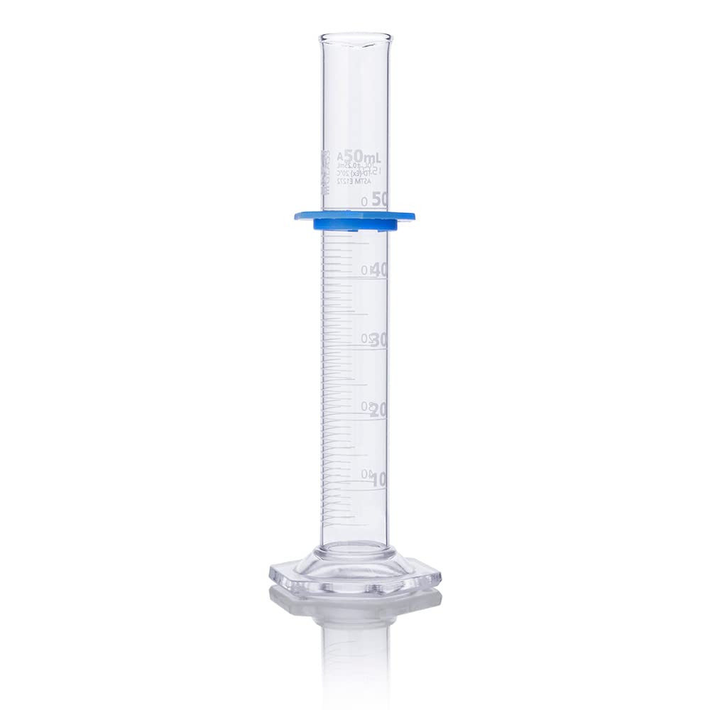 Cilindro graduado, globo de vidrio, 50 ml, clase A, para entregar (TD), grados duales, vidrio borosilicato 3.3, ASTM E1272, 1/caja