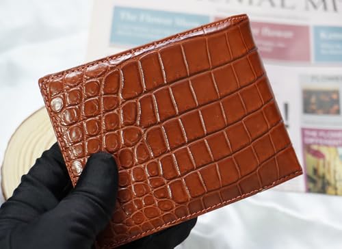 Genuine Crocodile Alligator Leather Skin Men Bifold Wallet With ID Sleave (Cognac-Belly)3