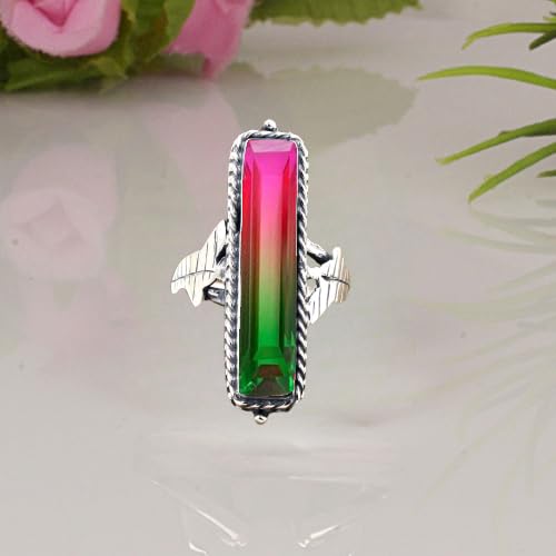 Miniatura 8 de Watermelon Tourmaline Gemstone Ring 925 Sterling Silver Multicolor Stone Ring Handmade Long Rectangle Bar Ring For Women Elegant Tourmaline Jewelry