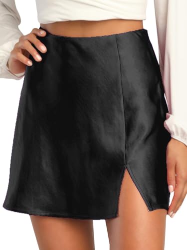 ALCEA ROSEA Women's Satin Silky Mini Skirt High Waist A-Line Short Skirts Solid Slit Front Skirts for Women 7802