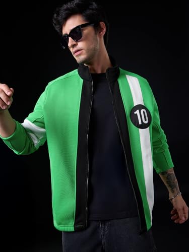 Image of The Souled Store Ben 10: Alien Force Men and Boys Full Sleeves Mock Neck Green and Black Graphic Printed Cotton Blend Regular Fit Lightweight Winter Casual Jacket