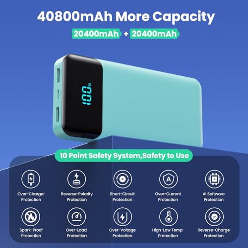 Image of Portable Charger 40800mAh Power Bank with 3 Built-in Cables,PD 25W USB C in&Out Power Bank Fast Phone Charging,QC4.0 5 Outputs Travel Camping Essential Battery Pack for iPhone 17 /16,Samsung etc-Green
