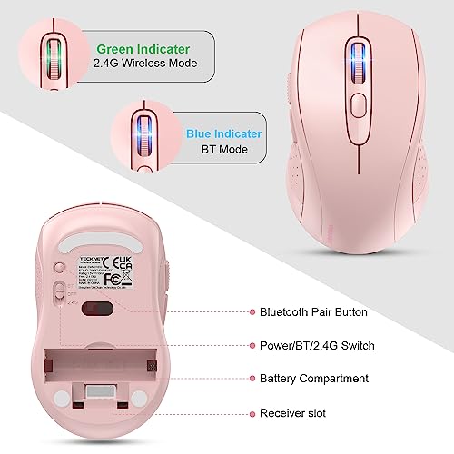Image of TECKNET 2-in-1 Bluetooth Mouse (BT 5.0 /3.0+2.4Ghz), 6-Level 4000 DPI Pink | BT 5.0 /3.0 & 2.4G wireless mouse with 4000 DPI, silent clicks, ergonomic design, and USB receiver for laptop and PC.