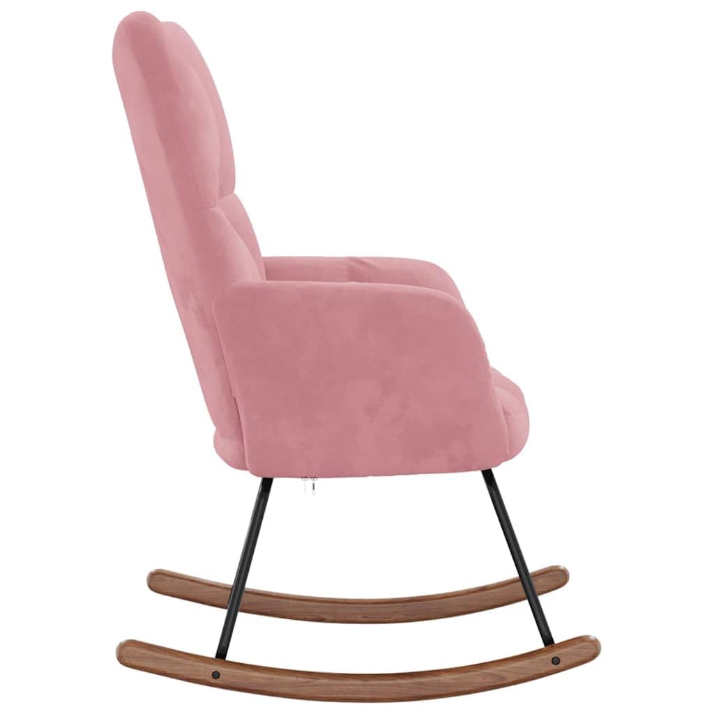 Schaukelstuhl mit Polsterung Rosa, Samtbezug mit Quadraten-Design, Relaxstuhl mit Dicker Schaumstoffpolsterung, Stahlgestell und Holzkufen, maximale Belastung 110 kg