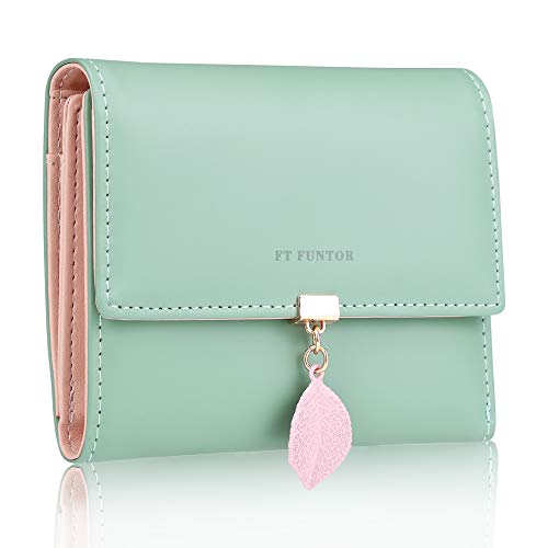 FT Funtor RFID Wallets for Women, Leaf Card Holder Trifold Ladies Wallets Coins Zipper Pocket with ID Window Green