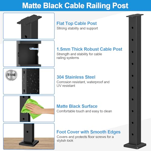 Image of 36 inch Complete Set Cable Railing Post Kits, Wire Railing System Includes 2Pack Updated 35 inch Level Drilled Posts, 4.5FT Cable Handrail, 1 /8 inch 150FT Wire Rope, Swageless Deck Cable Railing System