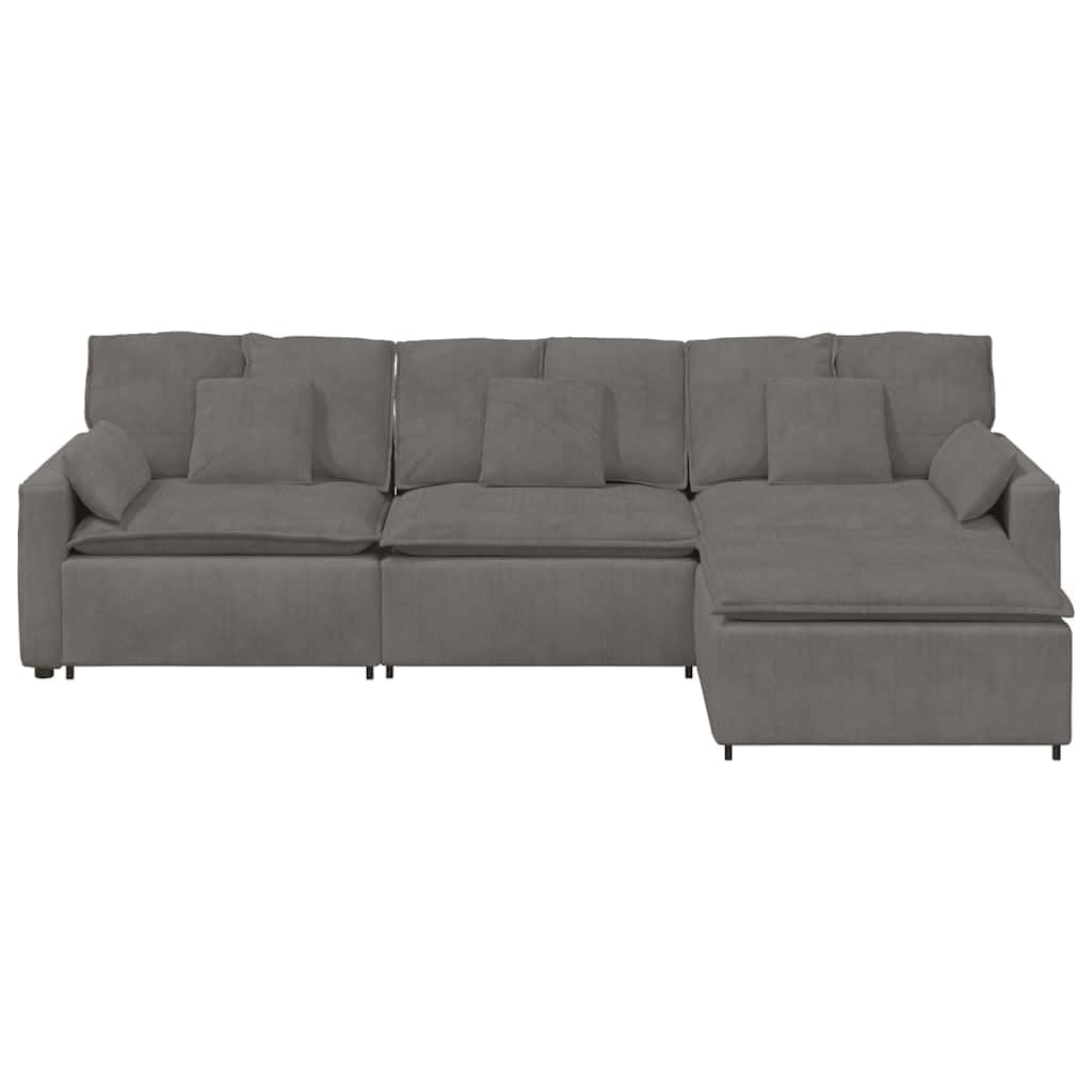 Sofá modular con reposapiés y cojín, tela de pana gris claro, 324 x 205 x 64 cm, elemento de montaje de 4 piezas con marco de metal para salón, salón, confort