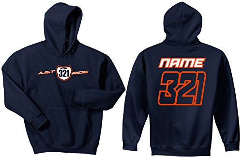 JUST RIDE Motocross Number Plate Custom Personalized Youth Hoodie Sweat Shirt Navy Blue Orange