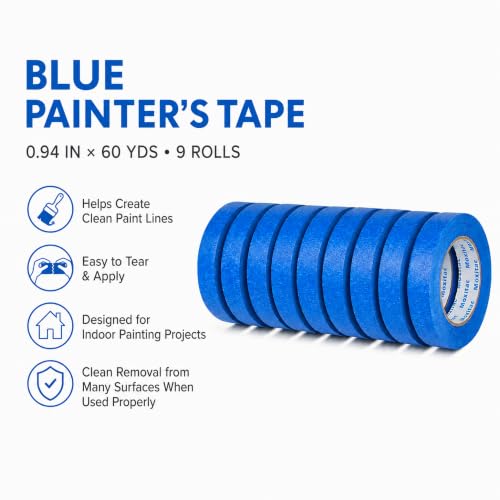 Image of Blue Painters Tape Bulk 9 Rolls, 0.94 in x 60 yds Each, Blue Tape and Masking Tape for Painting, DIY Projects, Classroom Activities, Decoration, Labeling, Walls, Trim, Windows and Doors