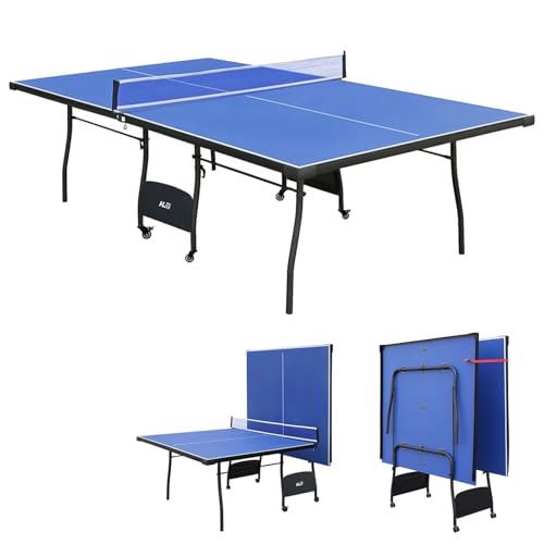 HLC 9FT Professional Full Size Folding Ping Pong Table with Wheels & Solo Trainer Mode - Foldable Indoor/Outdoor Table Tennis Table - Blue (275.6 x 153 x 75.6 CM)