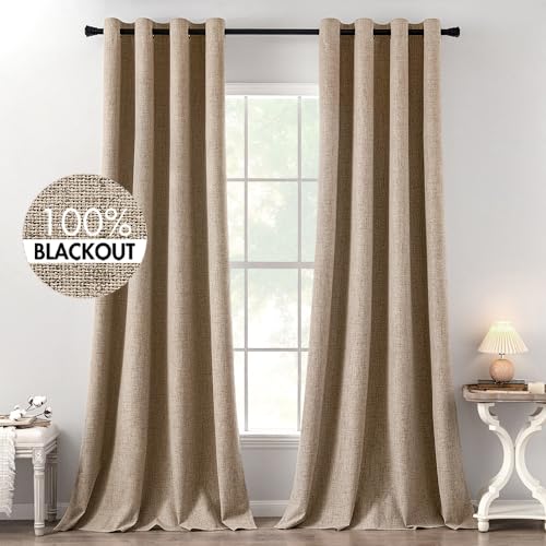 Image of MIULEE 100% Blackout Linen Textured Curtains for Bedroom Solid Thermal Insulated Copper Brown Grommet Room Darkening Curtains & Drapes Luxury Decor for Living Room 52 x 120 Inch (2 Panels)