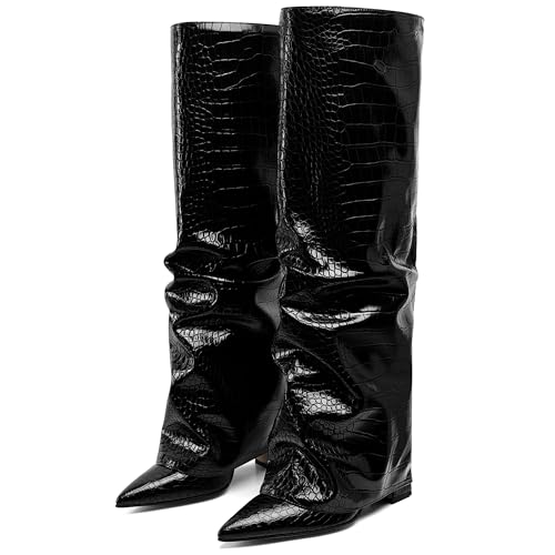 Synchoiss Womens Knee High Boots Wide Calf Chunky High Heel Boots Fashion Fold Over Boot Pointed Toe Winter Fall Tall Boots for Women Pull on Trendy