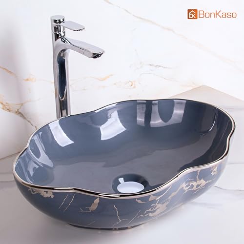 Image of BONKASO Cloud Designer Table Top Wash Basin | Premium Polished Ceramic Bathroom Sink | 50 x 40 x 14.5 cm Counter Top Basin | Modern Grey Silver Glossy Finish