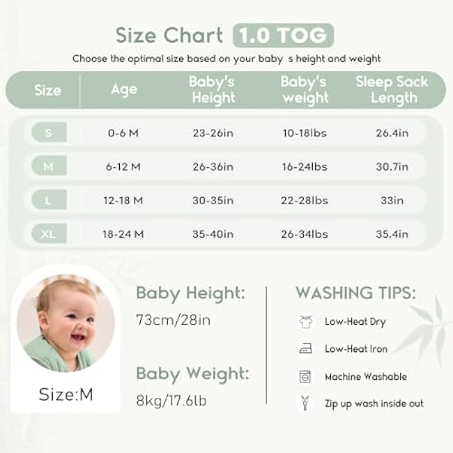 Yoofoss Rayon Made from Bamboo Baby Sleep Sack 6-12 Months 1.0 Tog Baby Wearable Blanket, Super Soft Infant Toddler Sleeping Sack 2-Way Zipper