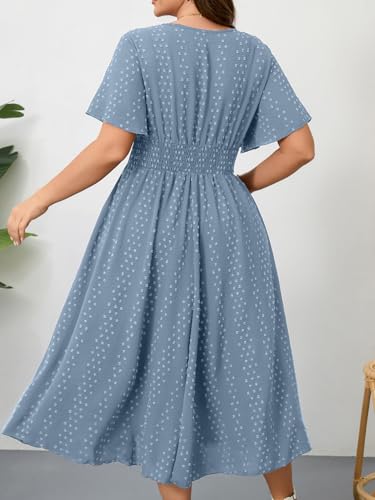 Image of RWJ Women's Plus Size Maxi Dress V Neck Short Sleeve Swiss Dot A Line High Waist Boho Swing Casual Summer Dresses