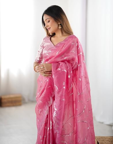 Image of SIRIL Women's Tissue Silk Sequence Embroidery Saree With Unstitched Blouse Piece