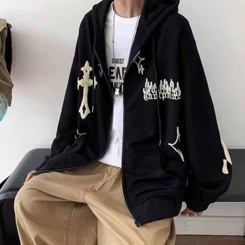 Pokn Flame Cross Print Y2K Oversized Hoodie - Graphic Zip Up Streetwear Pullover Loose Clothes4
