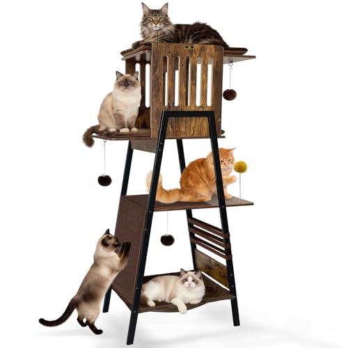 Image of 57 Inch Multi-Level Modern Cat Tree Tower with Hammock & Scratching Ramp - Wooden Heavy-Duty Cat Tower for Large Cats & Multi-Cat Households, Easy to Clean (Brown)