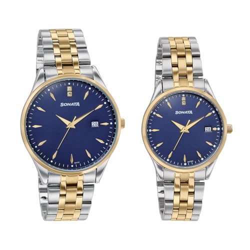 Image of Sonata Jashn with Quartz Analog Blue Dial IPS+IPG Strap Men and Women (Pair) Wedding Watch - 7721087125BM01
