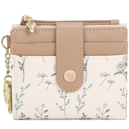 Image of Farcauo Small Floral Womens Wallet with keychain Cute Wallets for Women Thin Brown Women's Wallet Kawaii Floral and Bow Card Purse for Ladies