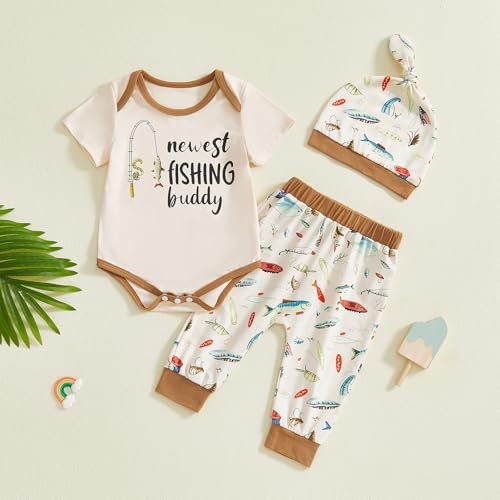 Image of Amnnchya Newborn Baby Boy Clothes Fishing Short Sleeve Romper Shirt Tops Pants Summer Spring Outfits Cute Hat Set