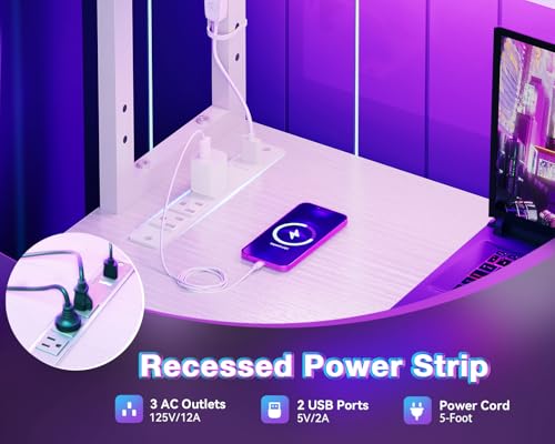 AODK L Shaped Desk Gaming Desk with LED Light & Power Outlet, 53 Inch Reversible L Shaped Computer Table with Shelf, Corner Desk with Storage Bag&Hook for Home Office Desk, White