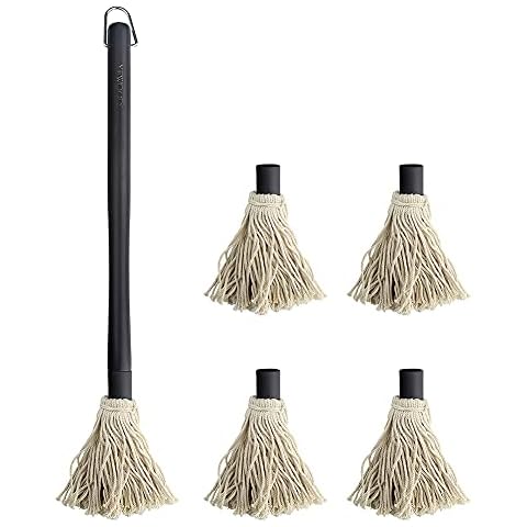 Grill Basting Mop, YFWOOD 18 Inch Grill Basting Brush BBQ Mop Black Wooden Long Handle with 4 Extra Replacement Heads for Grilling Smoking Barbecue Steak Cover
