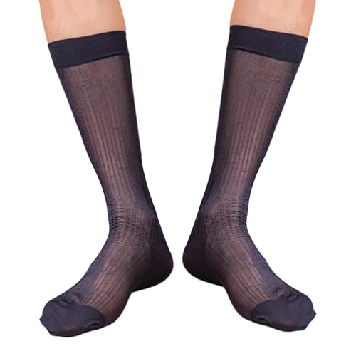 Soft Warm Hosiery, Elegant Men Business Long Calf Nylon Dress Socks Sheer Thin Glossy Striped See Through Silk Suit Socks for Formal Outfit