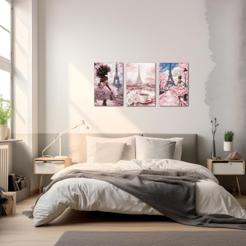 Image of PBXBJY Paris Wall Art Eiffel Tower Pictures 3Pcs African American Paintings Abstract French Landscape Posters Elegant Women Canvas Prints Black Girls Bedroom Decor (Pink, (16 inch x 24 inch x 3PCS))