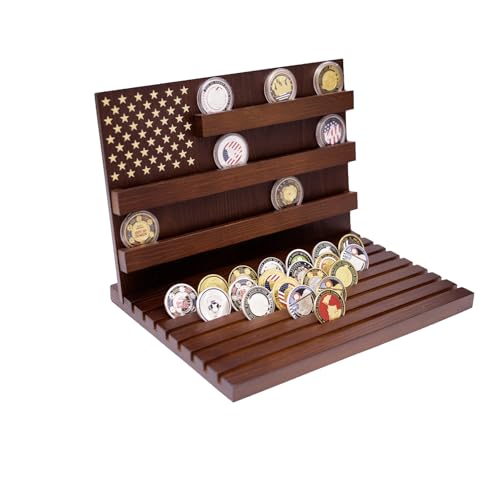 Suwyaner Challenge Coin Display Holder, 11 Rows Military Challenge Coin Display Stand Holder American Flag Wooden Rack Case with Removable Board Rows