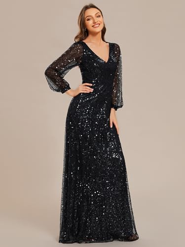 Ever-Pretty Women's Elegant V Neck A-Line Floor Length Long Sleeves Sparkly Sequin Formal Dress 019993