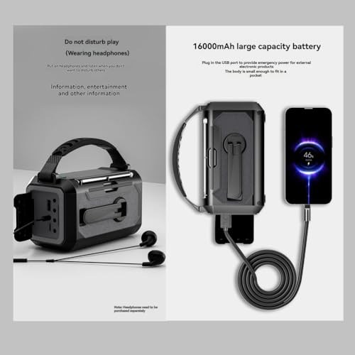 Radio d'urgence manivelle 16000mAh avec Bluetooth 5.3 et Type-C