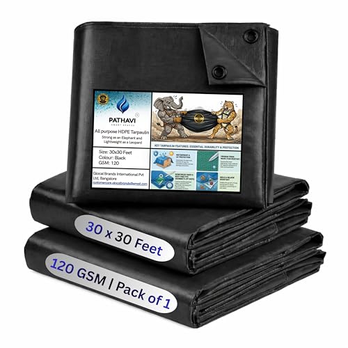 Image of Premium 30x30ft Black Tarpaulin, Thadika, 120 GSM Virgin Tharpai Sheet, Heavy Duty Waterproof Tadpatri Cover with Reinforced Eyelets & UV Protection, Ideal for Trucks, Farms, HomeUse, 1 Sheet