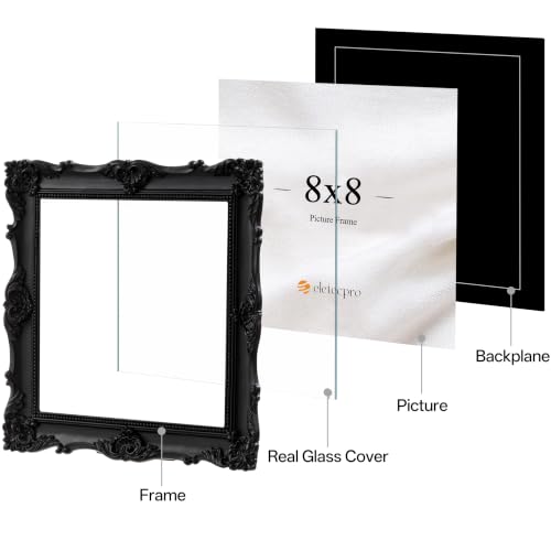 Image of eletecpro 8x8 Vintage Picture Frame with Real Glass Cover, Ornate Antique Photo Frame, Display 8x8 Picture for Tabletop or Wall Hanging, Black Home Decor for Gallery Art