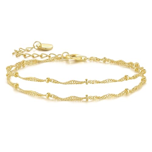 14K Gold Bracelets for Women Gold Bracelets for Women Beaded Bracelet for Womens Double-Layer Twisted Design Cuban Link Layered Bracelet for Womens Adjustable Size (7-8.6) in