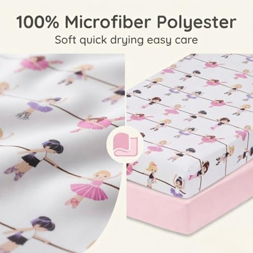 Image of Everyday Kids 2 Pack Fitted Girls Crib Sheet, 100% Soft Breathable Microfiber Baby Sheet, Fits Standard Size Crib Mattress 28in x 52in, Nursery Sheet - Ballerina /Pink