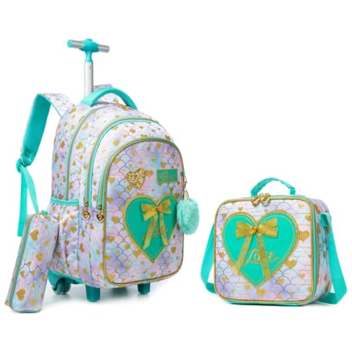 Mochila rodinha infantil, kit mochila escolar de costas e lancheira e Estojo Lápis amor (Verde Rosa)