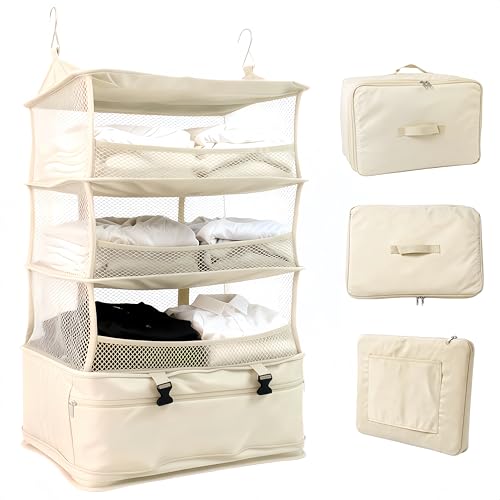 トラベルポーチ 吊り下げ 海外旅行 圧縮 便利グッズ 服 収納 大容量 吊り下げ収納 (ベージュ)