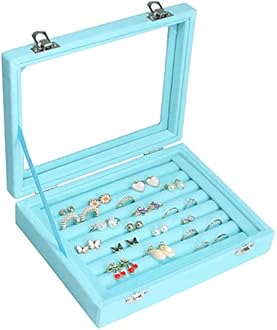 Vicoter Rings Organizer Tray 7 Slots Velvet Jewelry Earring Storage Box with Transparent lid Jewelry Display Case for Girls Wife Mom Women (Light Blue)