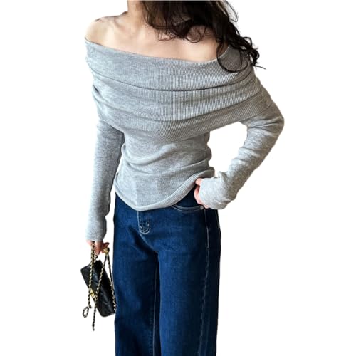 Image of Women Long Sleeve Off The Shoulder Sweater Tops Sexy Shirt Black White Red Cute Ribbed Fiited Blosue