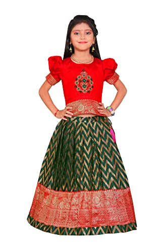 Image of New south Indian traditional pattu pavadai Jecquard Lehenga choli for girls dress