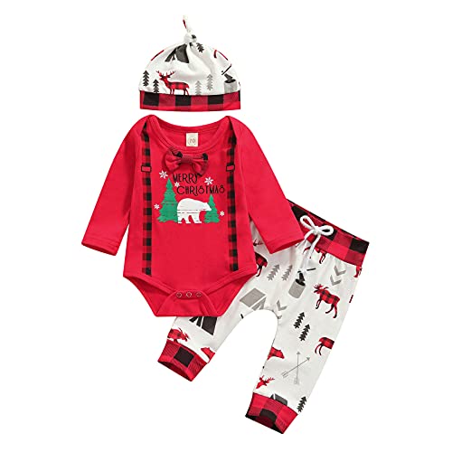 WASAIGOOD Thanksgiving Newborn Baby Boy Outfits Infant Kid 3pcs Turkey Romper Tops Long Trousers Hat Clothes Set (White, 0-6 Months)