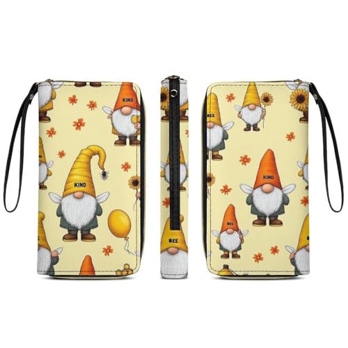 Long PU Zipper Wallet With Rope, Travel Purse Fashion Design, Huge Storage Capacity Wallet, Cute Decor Purse For Men And Women Funny Honeybee Gnomes Bee Sunflower Yellow Flowers Floral3